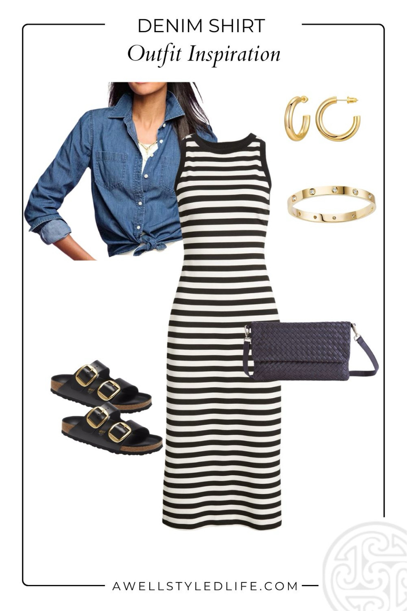 Pairing a denim shirt over a striped tank dress with gold hoops and black Birkenstocks. Perfect weekend look for the summer  

#LTKShoeCrush #LTKFindsUnder100 #LTKStyleTip