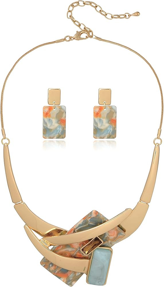 Vintage Chunky Statement Jewelry Set Retro Leaf Floral Geometric Bohemian Boho Bib Necklace Earri... | Amazon (US)
