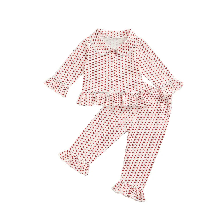 EYIIYE Kids Girls Valentines Day Pajamas Set Heart Pritn Lapel Neck Long Sleeve Button Down Ruffl... | Walmart (US)