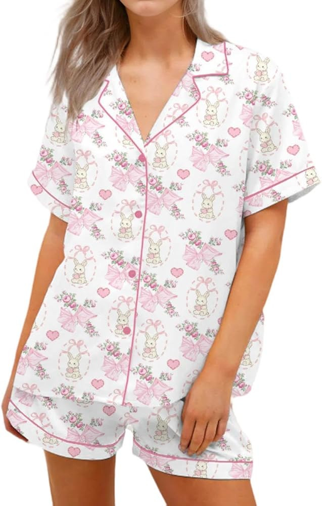 Cute Bunny Bow Pajamas for Women Easter Eggs 2 Piece Preppy Pjs Shorts Matching Rabbit Print Silk... | Amazon (US)