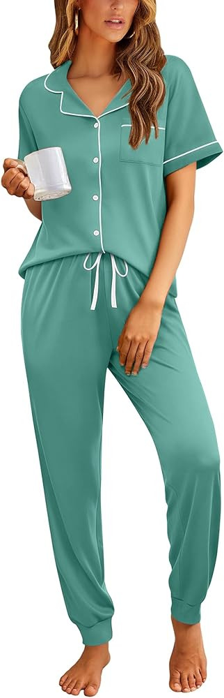 Ekouaer Women Pajama Set Short Sleeve Button Down Pjs Soft Comfy Sleepwear Nightwear with Jogger ... | Amazon (US)