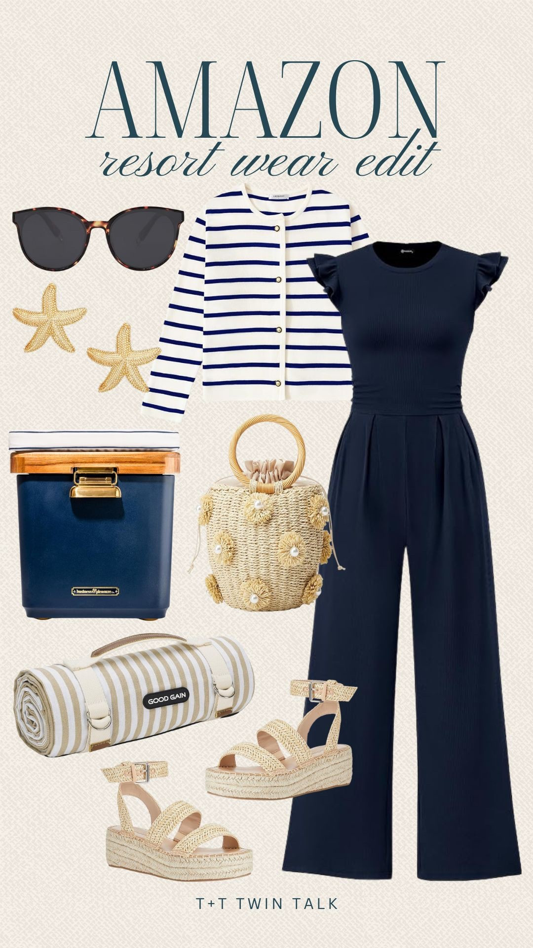 Amazon resort wear finds. This navy romper and straw bucket bag are perfect for a beach front date night  

#LTKSeasonal #LTKOver40 #LTKStyleTip