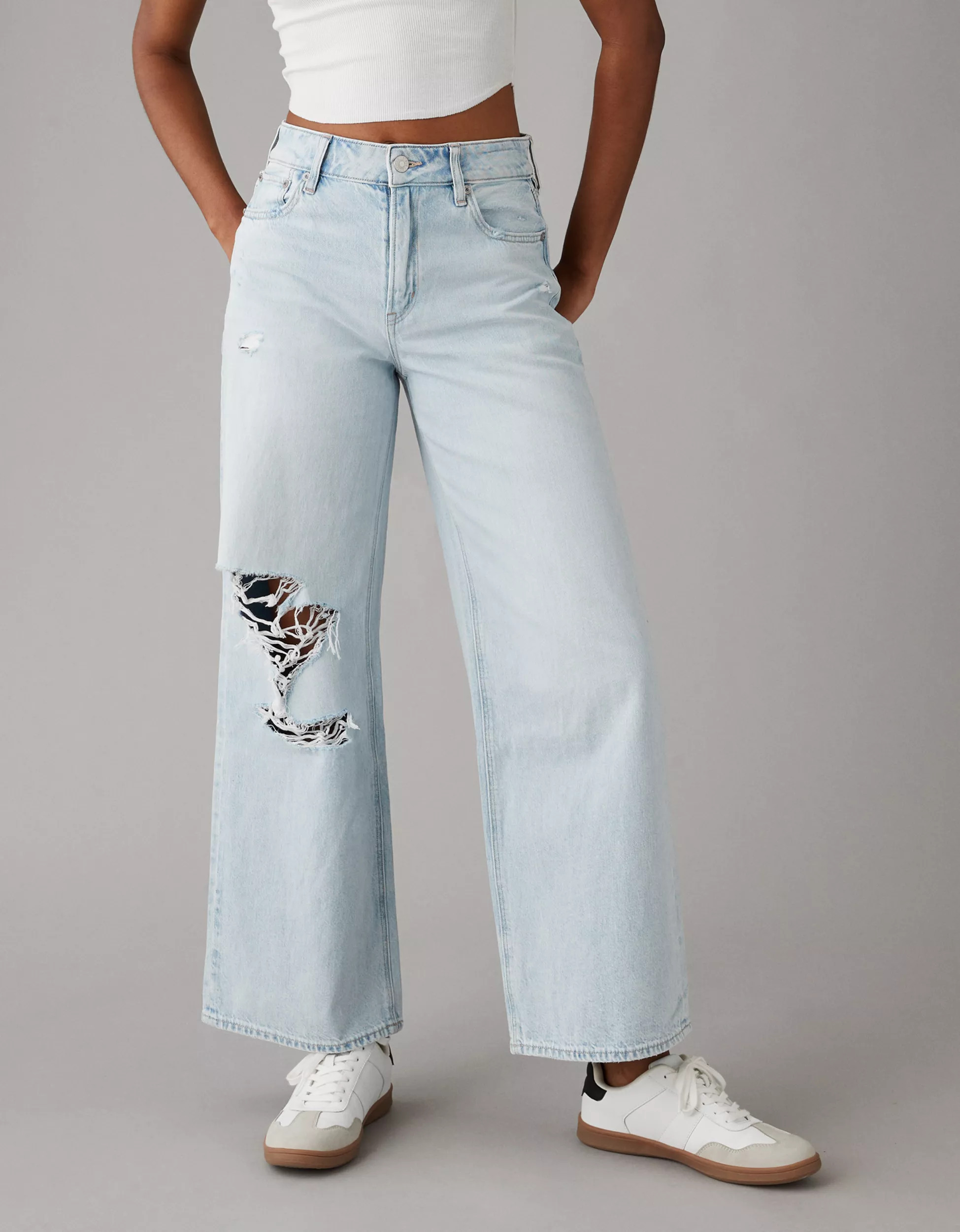 AE Strigid Ripped Super High-Waisted Baggy Wide-Leg Ankle Jean | American Eagle Outfitters (US & CA)