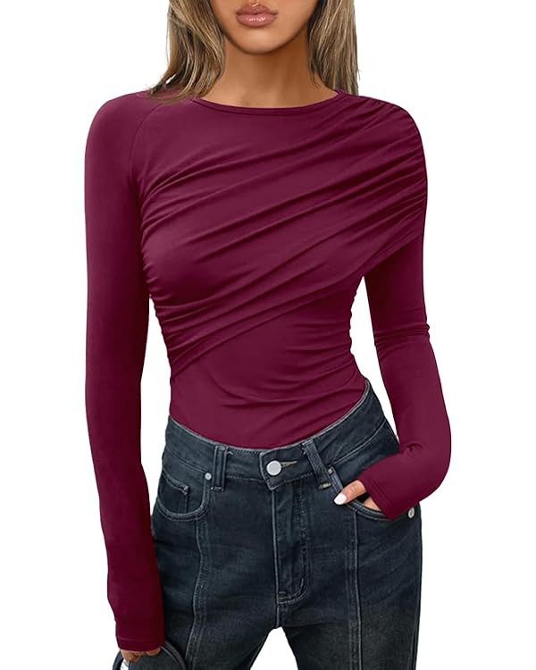Cicy Bell Womens Long Sleeve Pleated Tops Fall Crew Neck Fitted Shirts Y2k Going Out Casual Ruche... | Amazon (US)