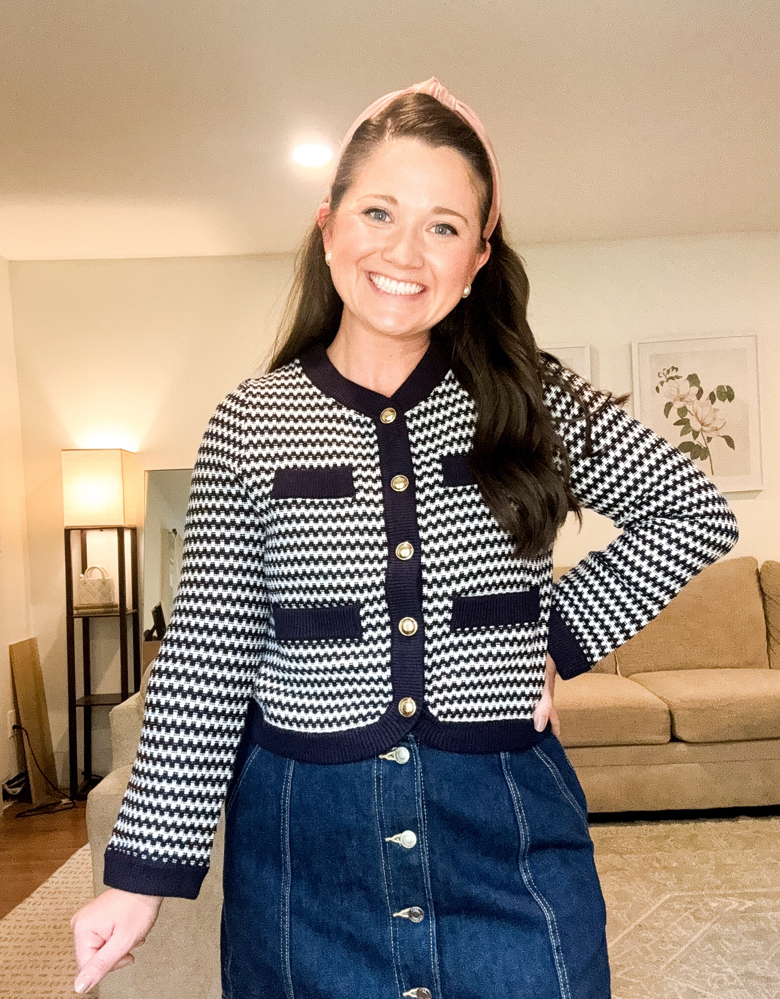 Navy and white lady jacket. Cardigan sweater from Walmart. Fall outfit 