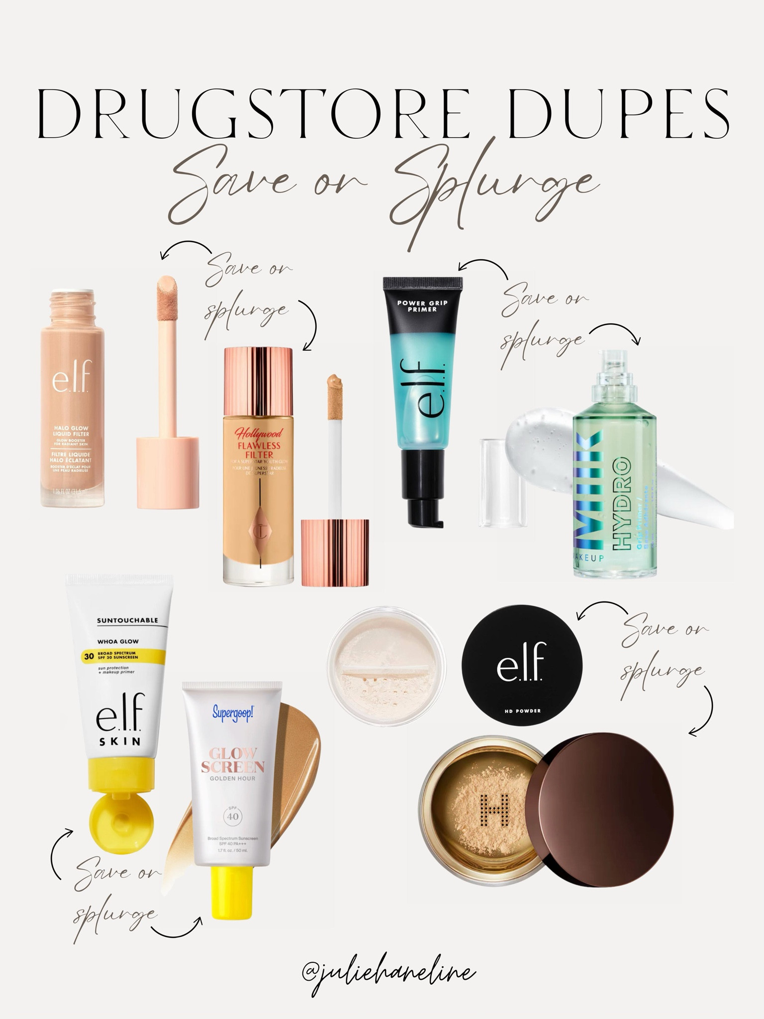 I loooove a good affordable option for literally any splurge product!!! The splurges are worth it but a good drugstore dupe is such a great alternative!! I just got this Supergoop elf dupe and am obsessed! 

Makeup / dupe / elf / grmw / save / sale / amazon / beauty 


#LTKBeauty #LTKSaleAlert #LTKStyleTip