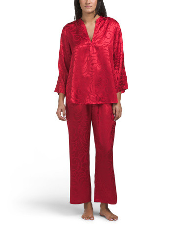 2pc Scroll Satin Jacquard Long Sleeve Pajama Set | TJ Maxx