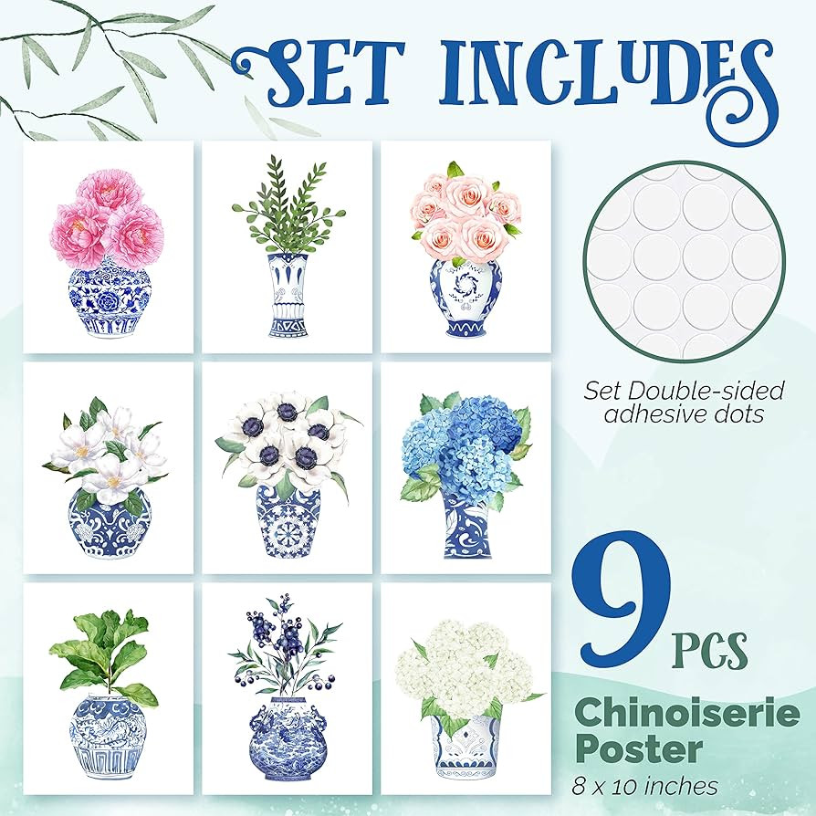 97 Decor Chinoiserie Decor - Chinoiserie Wall Art Prints, Blue White Porcelain Vase, Chinese Blue... | Amazon (US)