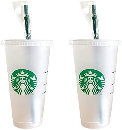 Amazon.com | Starbucks 2 Pack Reusable Venti Frosted Cold Cup With Lid and Green Straw w/Stopper:... | Amazon (US)