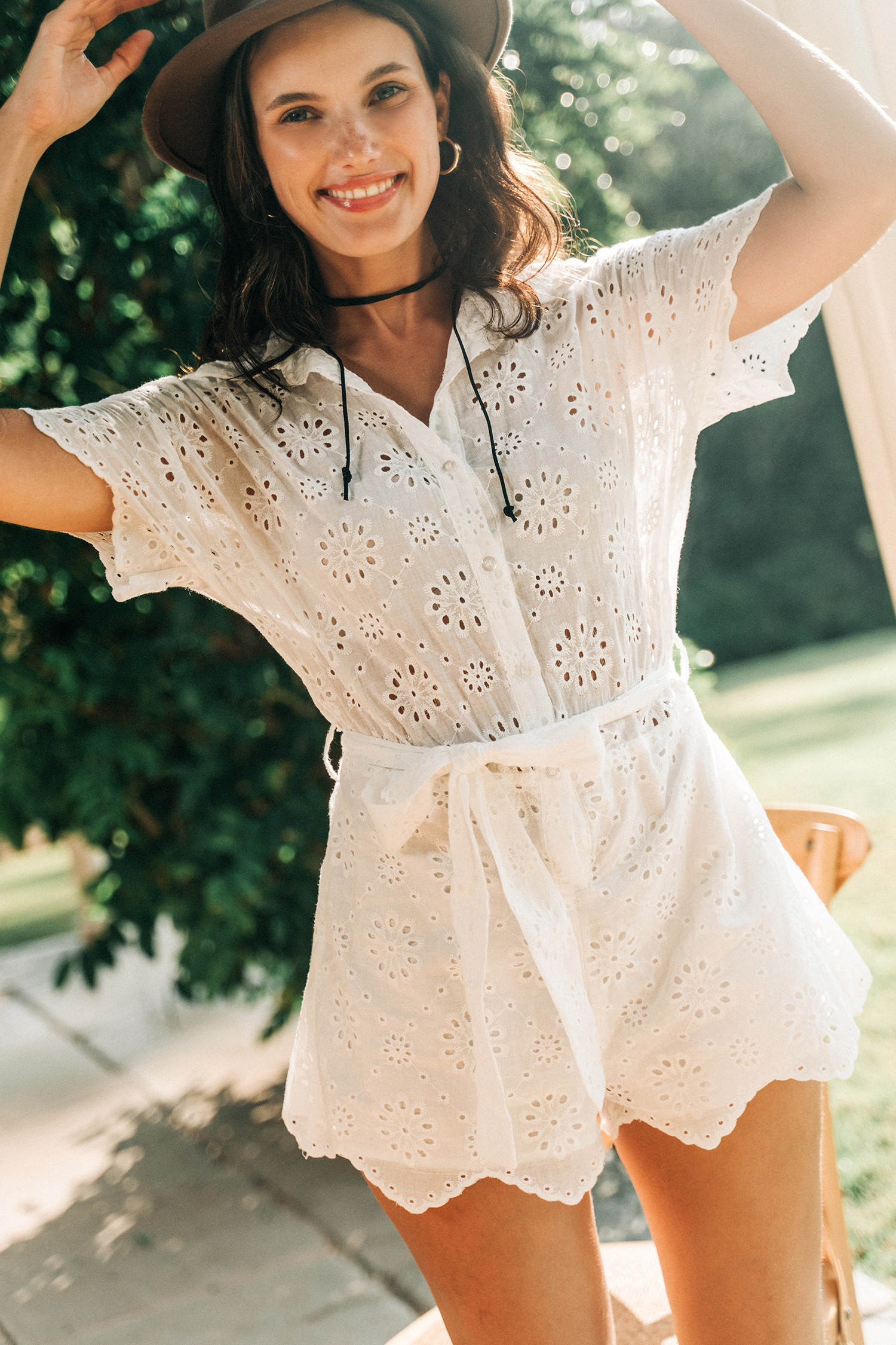 White Collared Neck Scalloped Eyelet Romper | Cupshe US