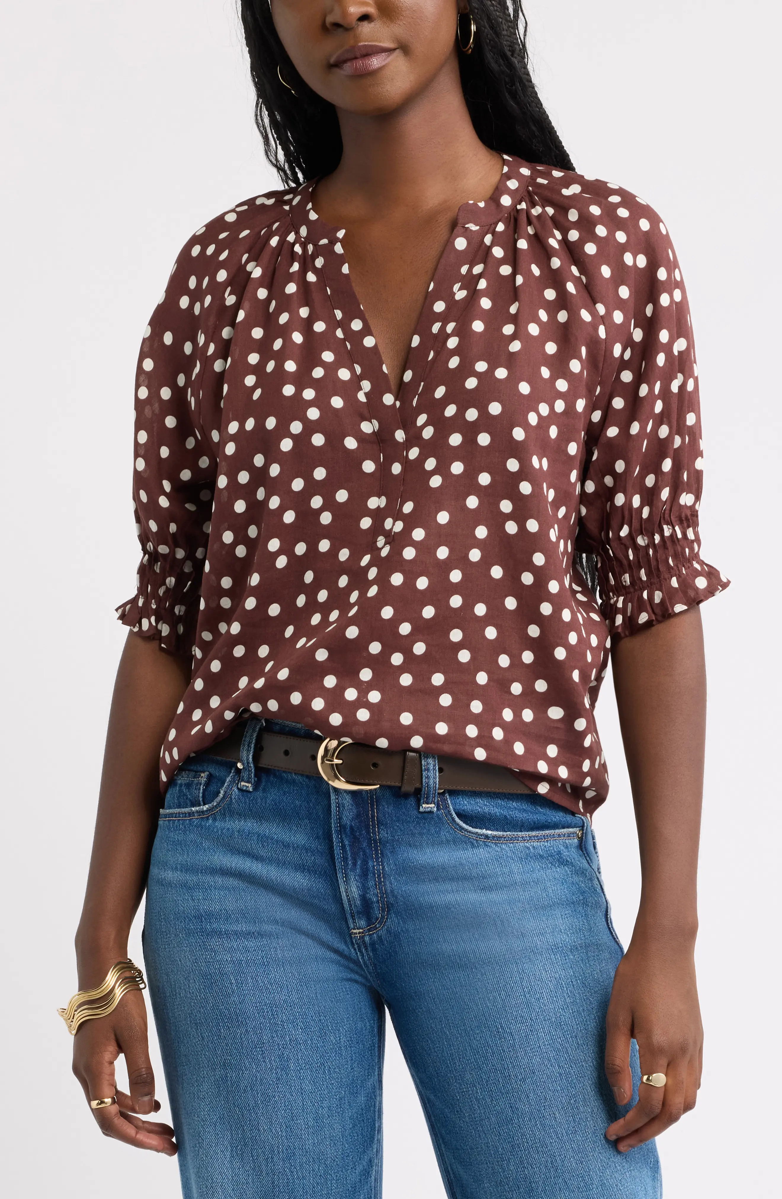 caslon(r) Pintucked Short Sleeve Popover Top in Brown- Ivory Scattered Dot at Nordstrom, Size X-Large | Nordstrom
