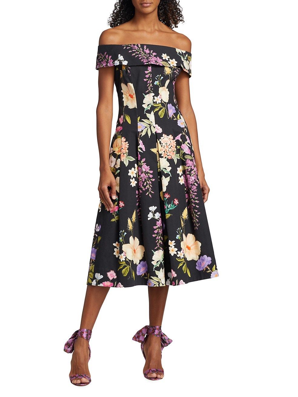 Teri Jon by Rickie Freeman Pleated Floral Stretch Cotton Dress | Saks Fifth Avenue