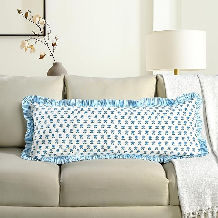 CPC Arctic Blue Hand Block Print 100% Cotton Ruffle Throw Pillow Cover 14x36 inch with Hidden Zip... | Amazon (US)