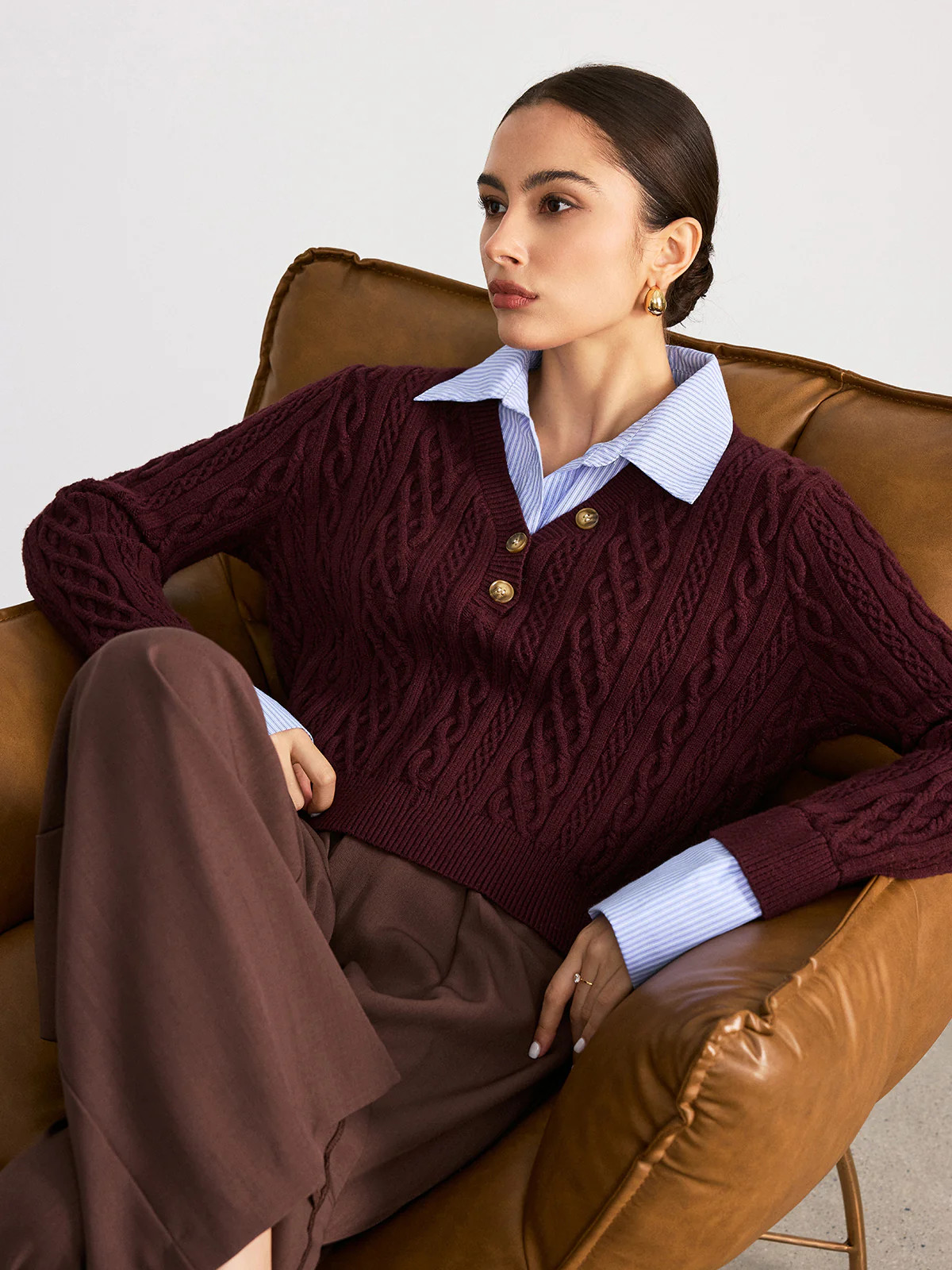 2 in 1 Striped Shirt Panel Cable Knit Top | Commense