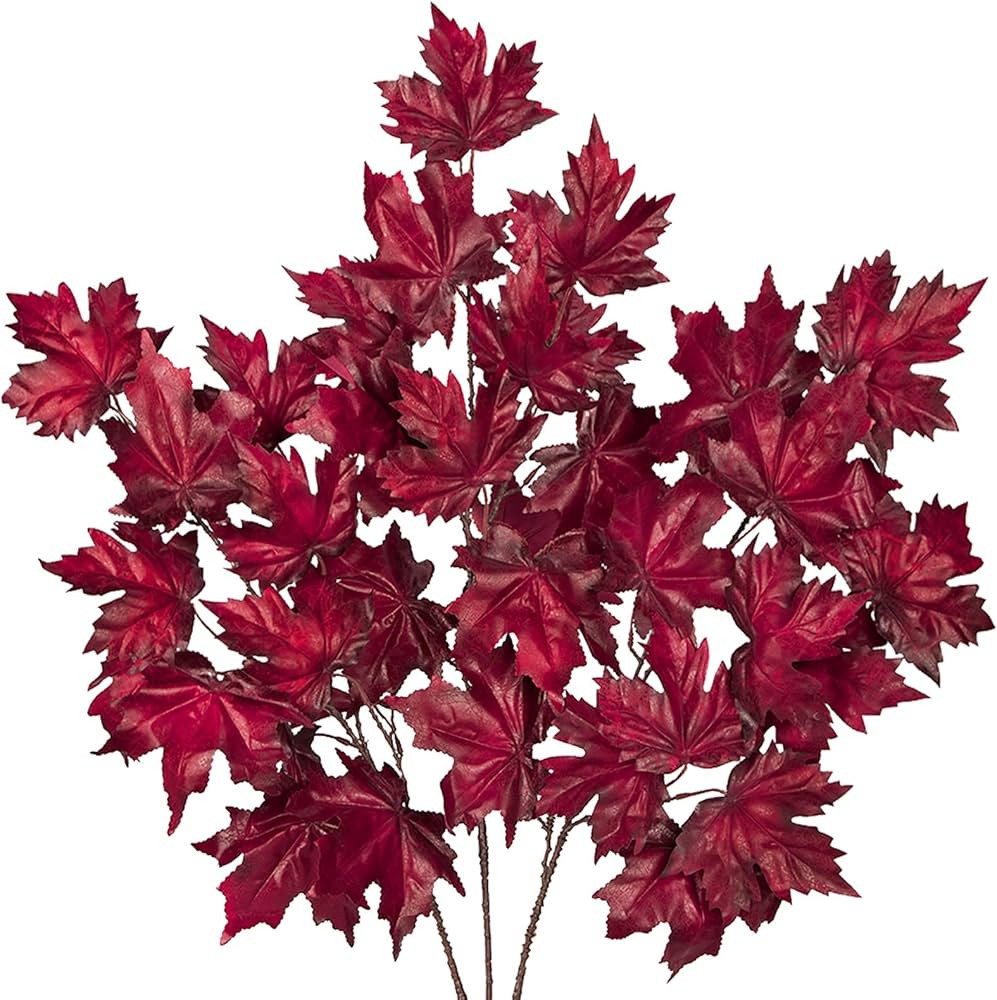 Hollyone Artificial Maple Leaves Branches 3Pcs 30" Fake Fall Maple Shrubs Burgundy Faux Autumn Ma... | Amazon (US)