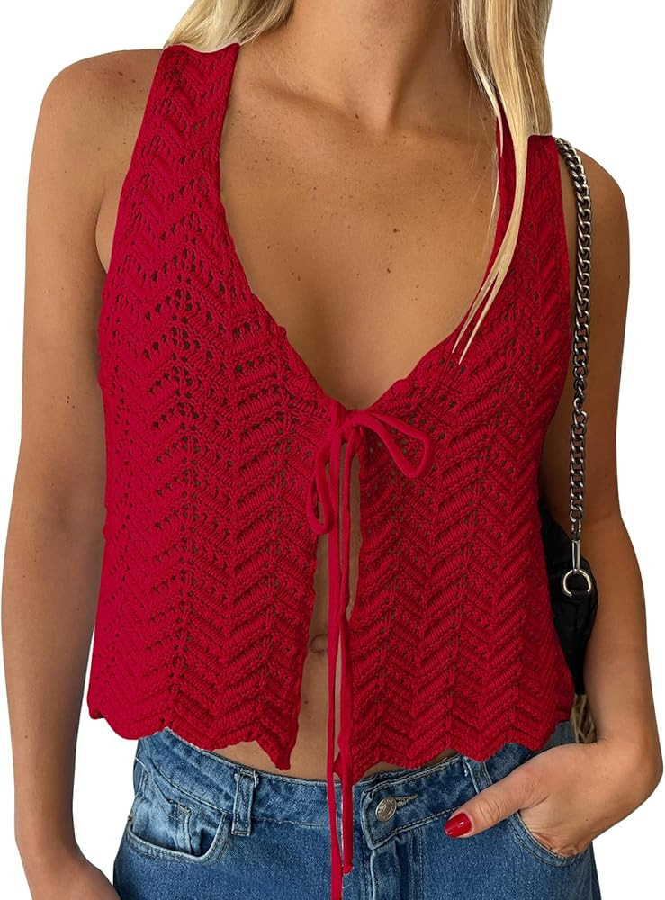 LILLUSORY Crochet Tops for Women Summer Vacation Outfits Beach Coverup Going Out Tie Front Spring... | Amazon (US)