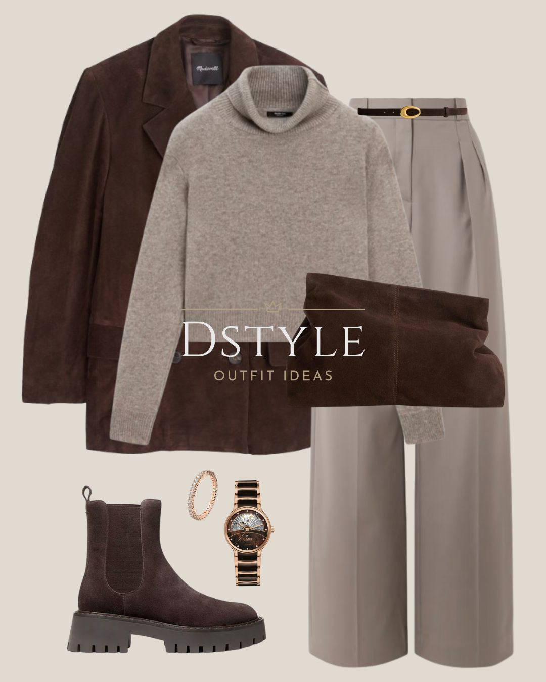 This look is all about mixing textures to create depth and warmth for fall and winter. Pairing a rich, luxurious suede blazer with a cozy cashmere turtleneck and tailored wide-leg trousers instantly elevates your workwear or weekend style. The chunky Chelsea boots and soft suede clutch ground the look while keeping it comfortable.

Styling Tip: Focus on subtle color contrast (light taupe, dark brown, medium grey-taupe) for a truly chic, monochromatic feel!

Tap to shop all these pieces, including the best fitting wide-leg pants!

 égtrousers 

 #suedeblazer #widel #taupestyle #cashmeresweater #fallworkwear #monochromelook #chicoutfit #ltkstyle #winterfashion #LTKootd #LTKWorkwear