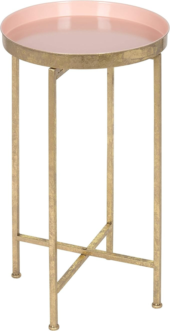 Kate and Laurel Celia Round Metal Foldable Tray Accent Table, Pink with Gold Base | Amazon (US)