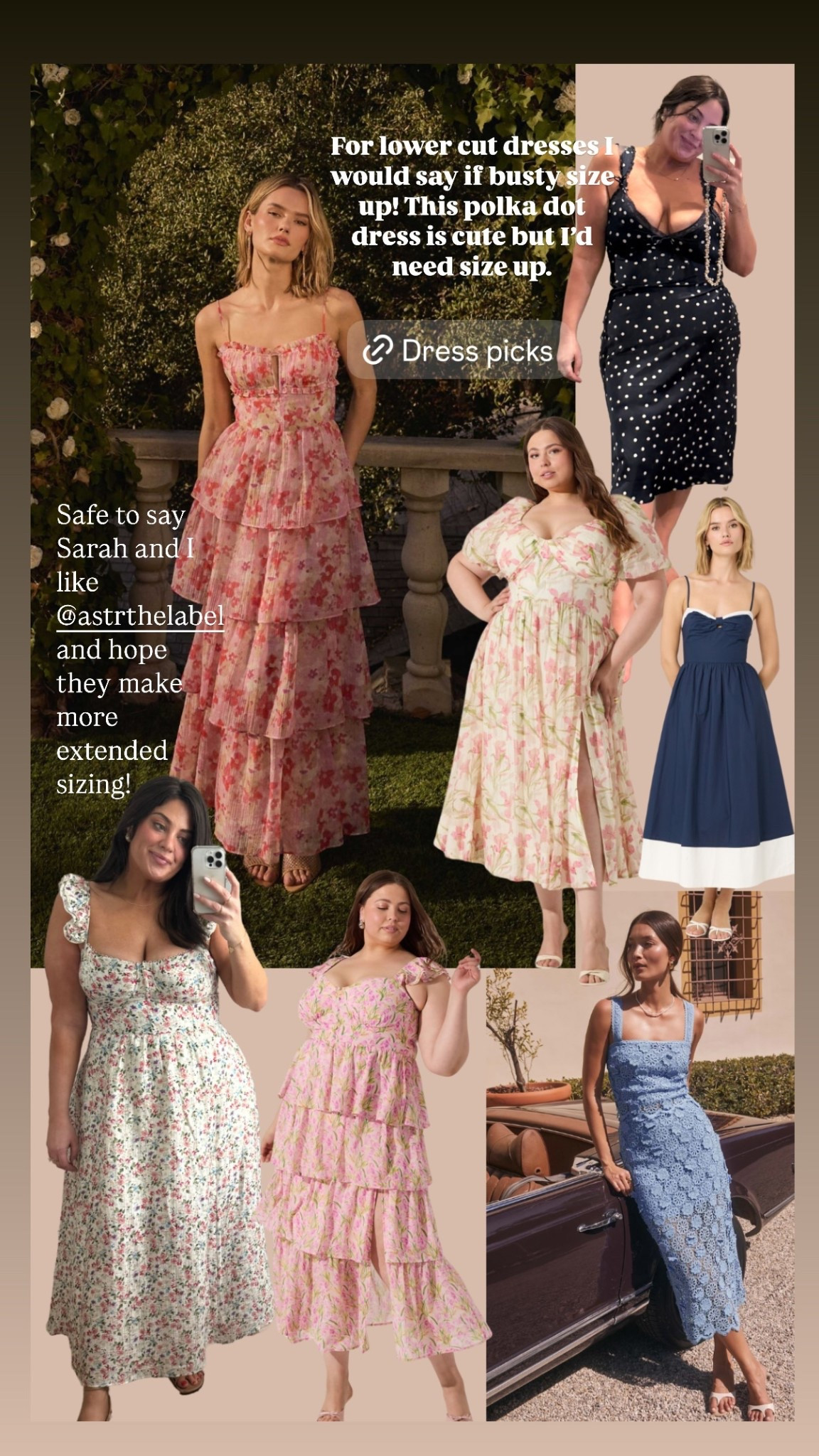 For lower cut dresses I would say if busty size up! This polka dot dress is cute but I’d a need size up.  Safe to say Sarah and I like @astrthelabel and hope they make more extended sizing! 

 #LTKMidsize #LTKPlusSize #LTKWedding