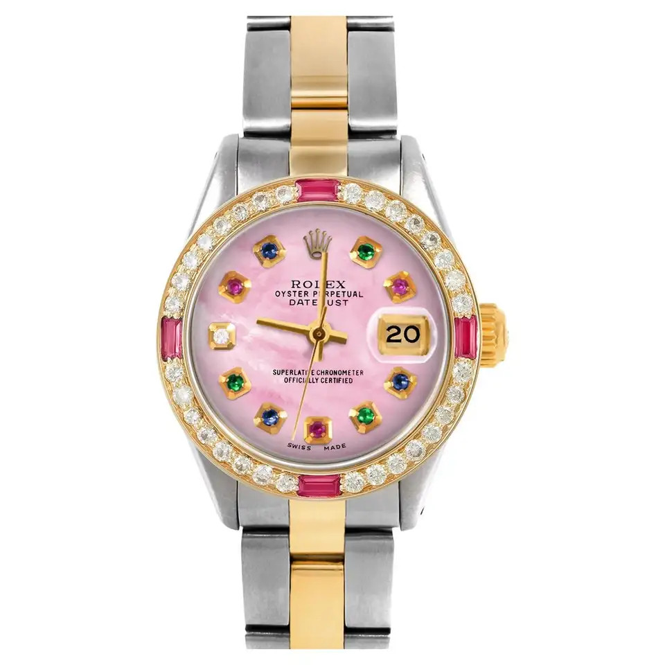 Rolex Donna TT Datejust Pink MOP Quadrante Rainbow Diamonds Lunetta con diamanti e rubini | 1stDibs