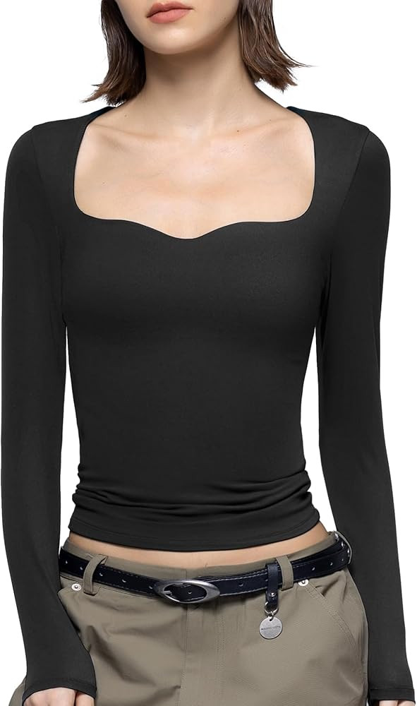 PUMIEY Women's Long Sleeve T Shirts Sweetheart Neck - Slim Fit Going Out Tops Sexy Basic Tee Smok... | Amazon (US)