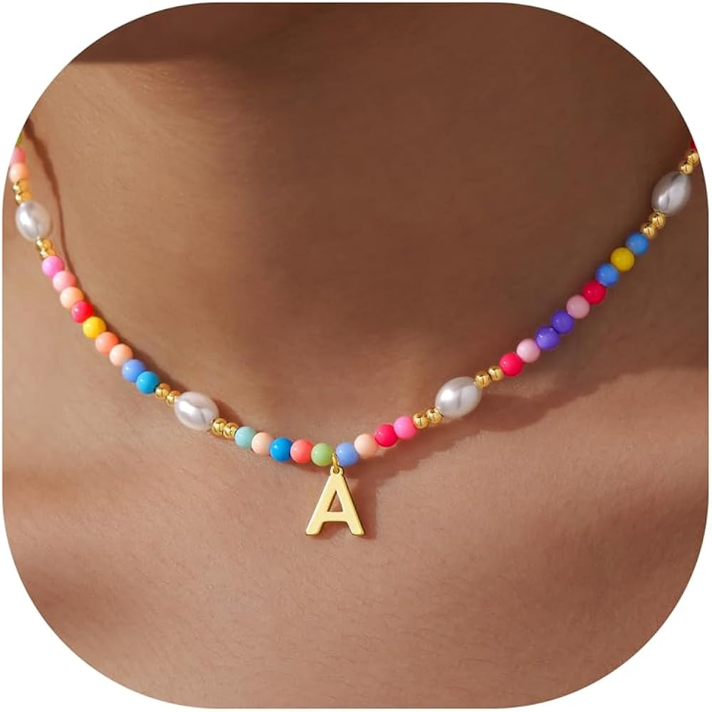 Cute Beaded Initial Necklaces for Girls Trendy Dainty Colorful Pearl Letter Choker Charm Necklace... | Amazon (US)