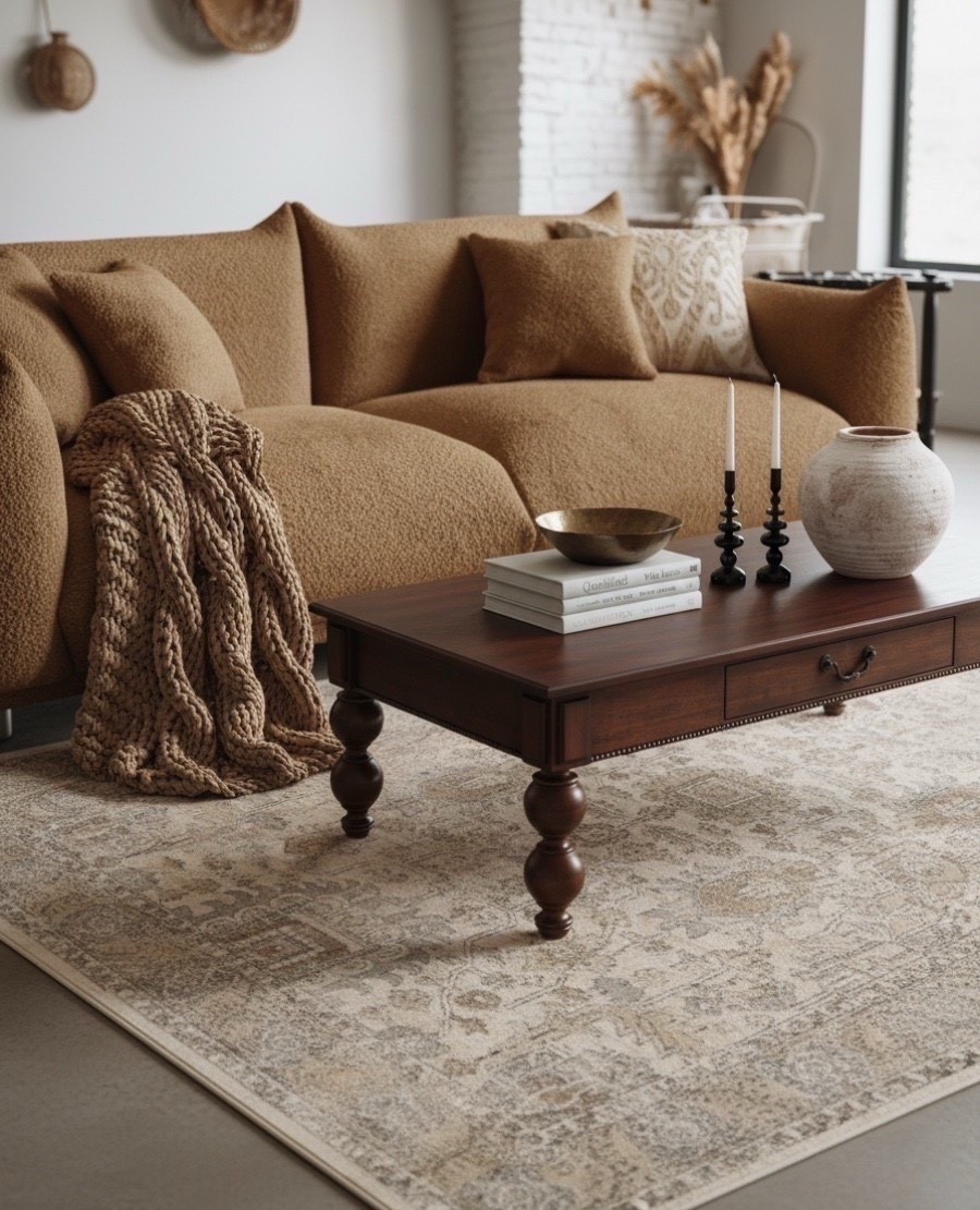 Brown walnut vintage coffee table, brass decor bowl, black decorative candle holder, brown knitted throw blanket, brown boucle throw pillow, cream ivory embroidered throw pillow, terracotta vase, white decor books, beige cream traditional rug, brown sofa. 

#LTKSaleAlert #LTKHome