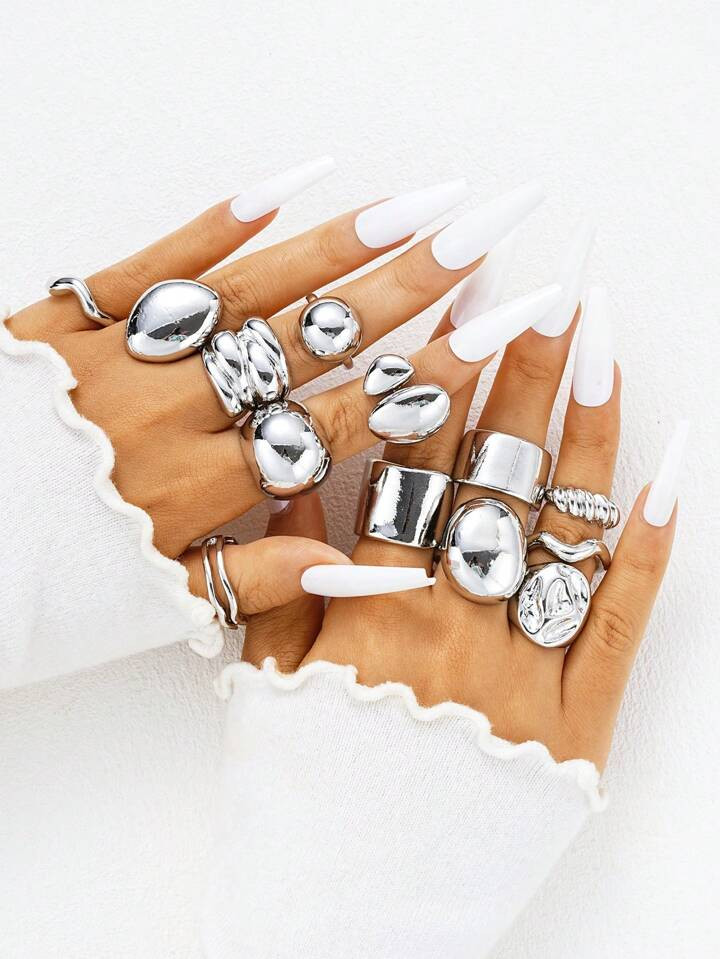 13pcs Asymmetrical Design Women Rings Set, Casual Wear Or Daily Accessory, Girlfriend Birthday Gift | SHEIN
