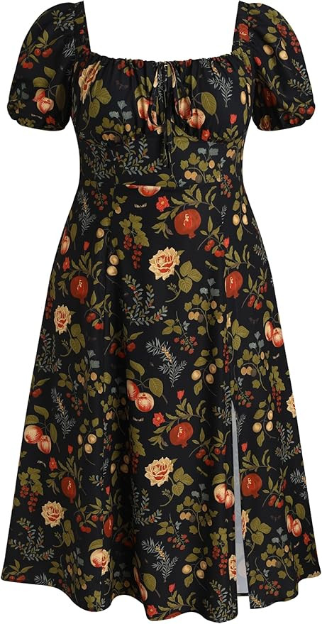 CIDER Plus Size Midi Dress Summer Fruit Patterned Square Neck Puff Sleeve Boho Vacation Casual Mi... | Amazon (US)