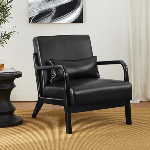 Glitzhome Accent Armchair with Walnut Ruberwood Frame, Black PU Leather Lounge Chair for Living Room | Amazon (US)