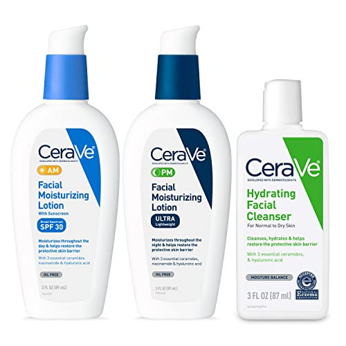 CeraVe AM Face Moisturizer with SPF, PM Face Moisturizer & Hydrating Face Wash Skin Care Routine for Morning & Night | Travel Size Toiletries | 3oz Lotion + 3oz Lotion + 3oz Cleanser | Amazon (US)