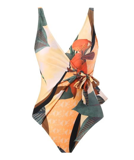 Doris Grass Green & Orange Floral Wrap One-Piece - Women | Zulily