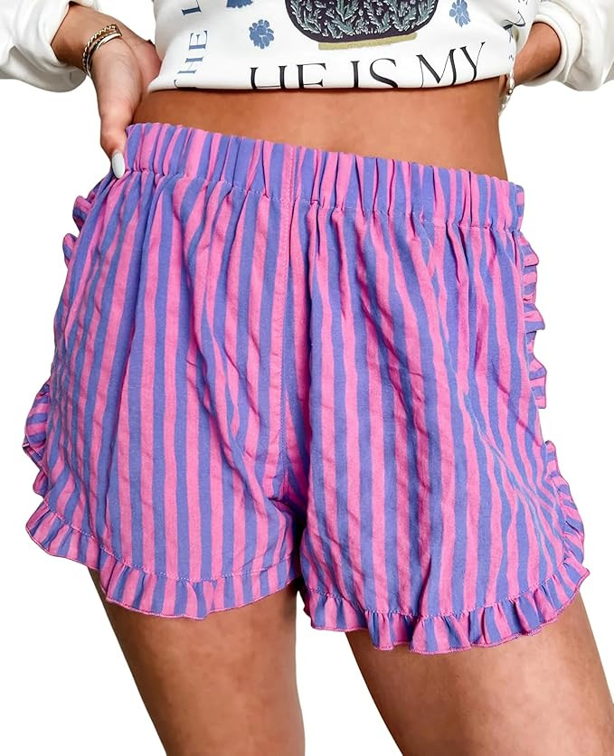 Women's Ruffled Shorts Plaid Print High Waist Lace Drawstring Lounge Shorts Gingham Y2K Beach Tre... | Amazon (US)