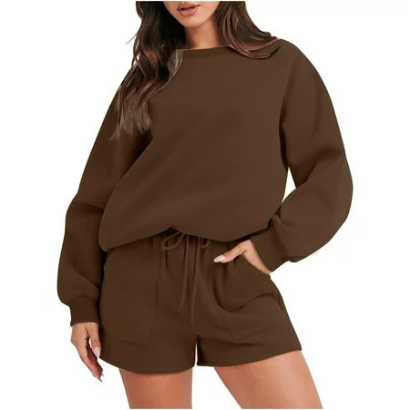Dyegold Sweat Sets For Women 2 Piece Outfits Sweatsuit Oversized Crew Neck Sweatshirt & Short Set Lounge Wear Tracksuit Set | Walmart (US)