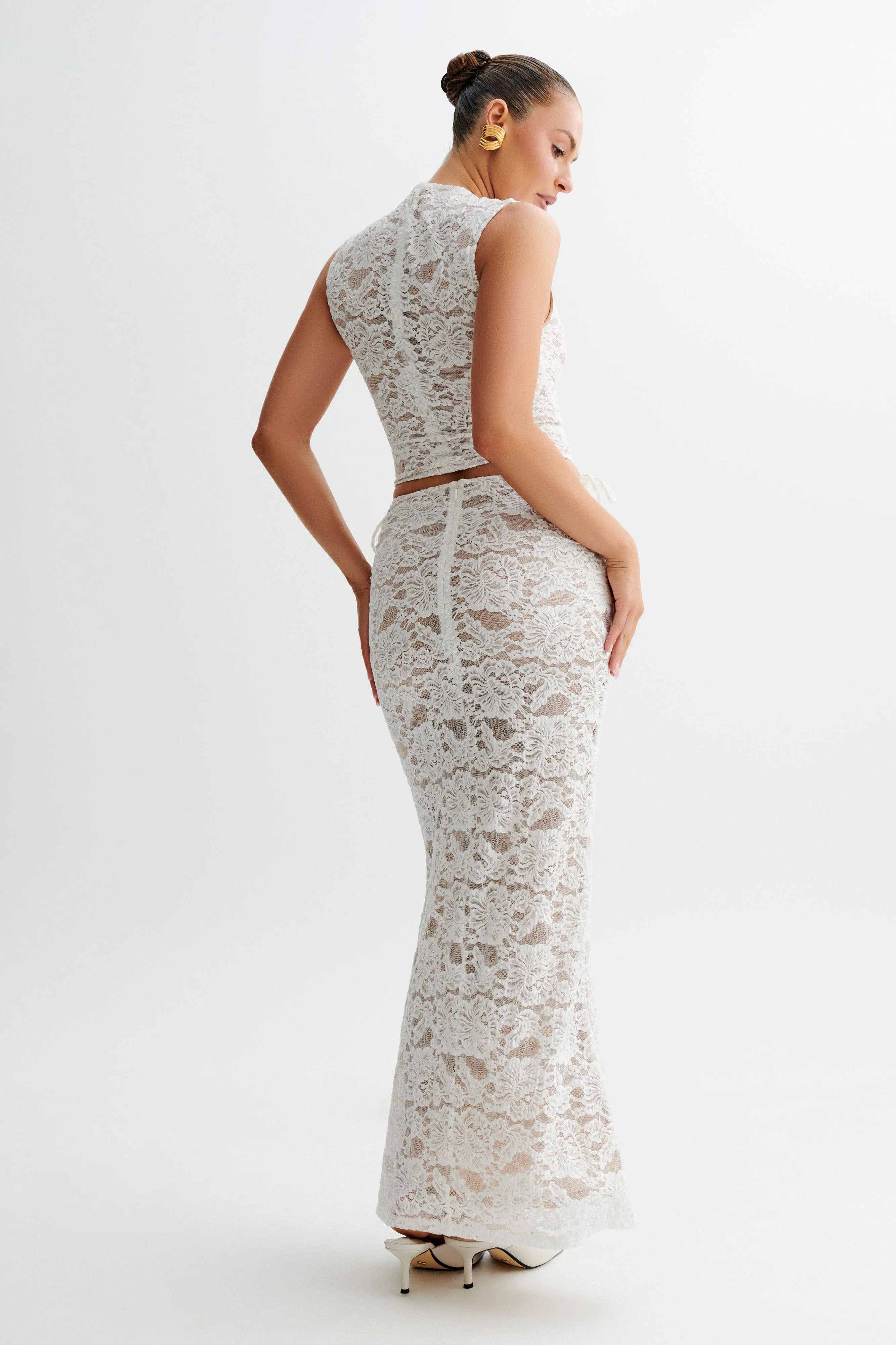 Daniela Lace Plisse Ruched Maxi Skirt - Ivory | Meshki (APAC)