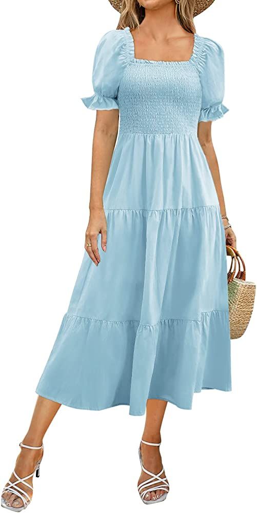 Yousify Women's Summer Dress Casual Short Sleeve Square Neck Flowy Smocked Dress Midi Dress | Amazon (US)