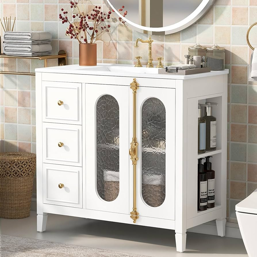 Merax 36" Bathroom Vanity with Sink, French Retro Bathroom Sink Cabinet with 3 Drawers, Glass Doo... | Amazon (US)