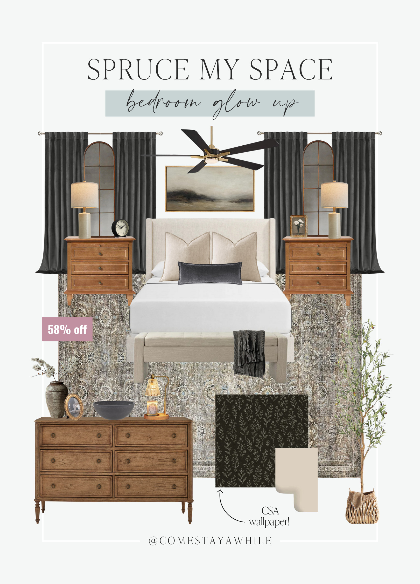 Moody Bedroom Makeover 🖤 This week on Spruce My Space I showed you how to create a master bedroom that feels like a cozy retreat. 

Upholstered Bed Frame | Vintage Dresser | Nightstands | Wallpaper | Bedding | Designer Look for Less

Come Stay Awhile, Amanda Vernaci, Spruce My Space 

 #LTKHome