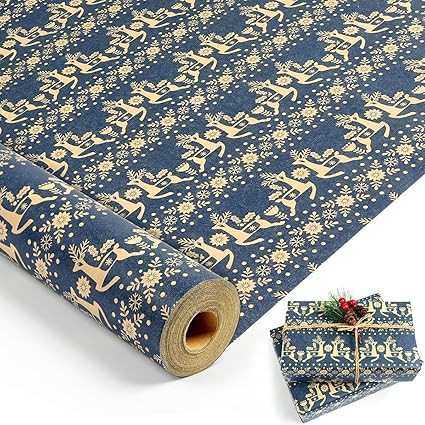 Christmas Wrapping Paper Roll, Navy Blue Kraft Wrapping Paper, 17 Inch x 49 Feet, Snowflake, Xmas... | Amazon (US)