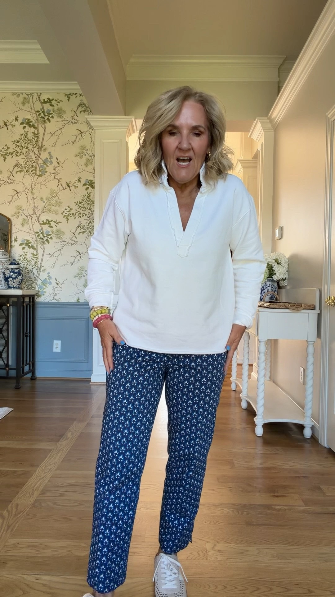 French terry top and the matching pants are now restocked! I wear a medium. Guys, don’t wait!!! 

Printed pants size 8 petite

#LTKSaleAlert #LTKOver40 #LTKootd