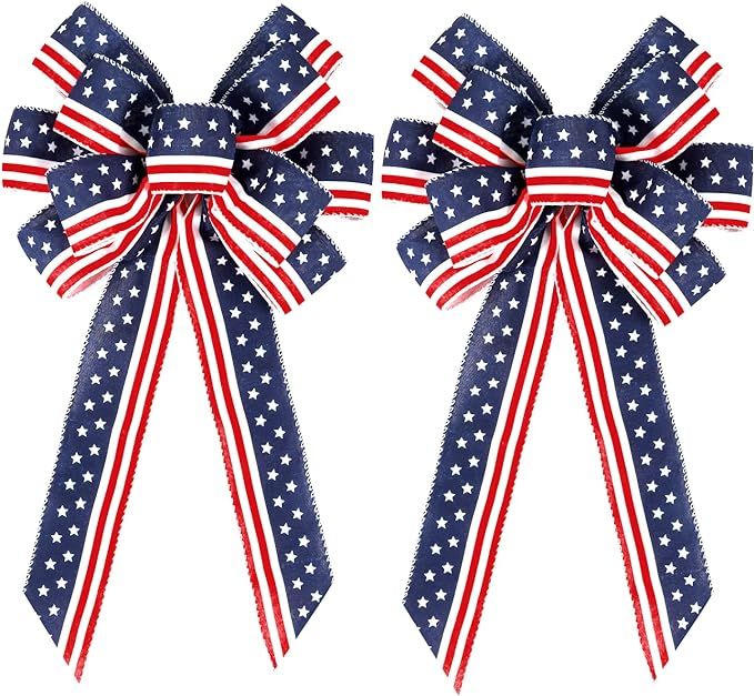 Hongsome 2 Pack 4th of July Decor Bow for Wreath,Red White Blue Stripe Stars Tree Topper Bows for... | Amazon (US)