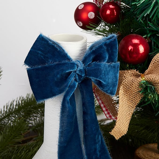 Dusty Blue Velvet Ribbon Handmade Fringe Fabric Ribbons for Crafts Flower Bouquet Wedding Decorat... | Amazon (US)