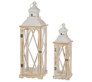 Glitzhome Farmhouse White Wood/Metal Lanterns, Set of 2 | QVC