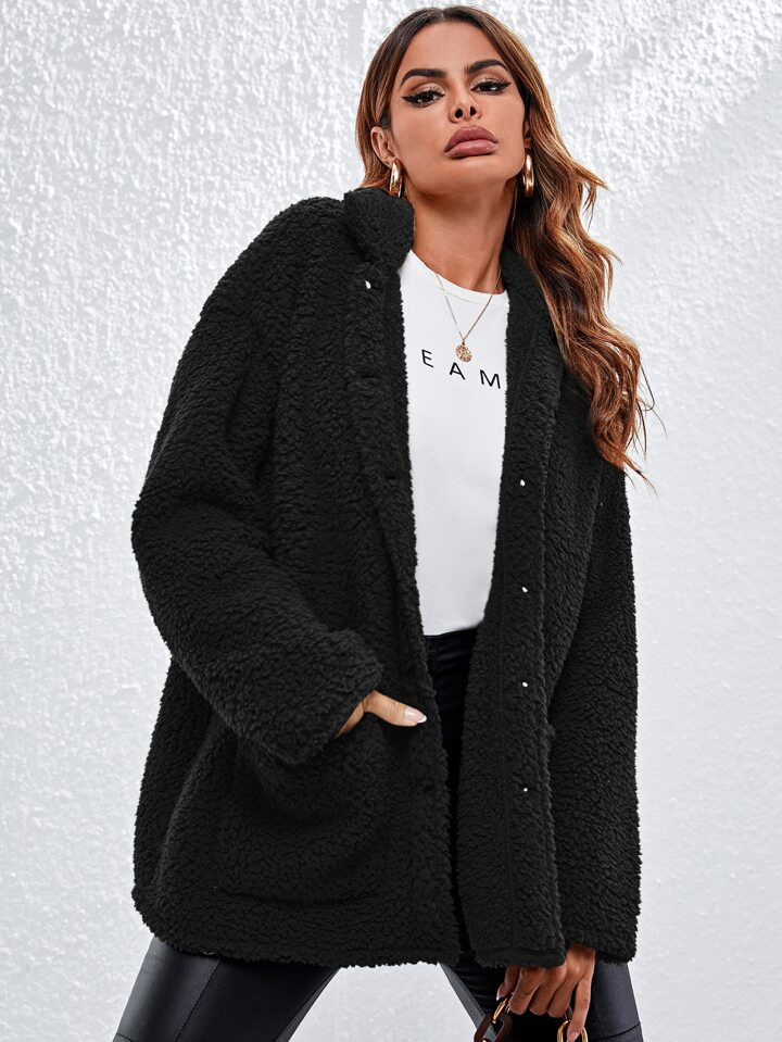 SHEIN Essnce Collared Single Breasted Pocket Front Teddy Coat | SHEIN