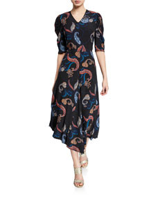 Paisley-Print Short-Sleeve Asymmetrical Midi Dress | Bergdorf Goodman