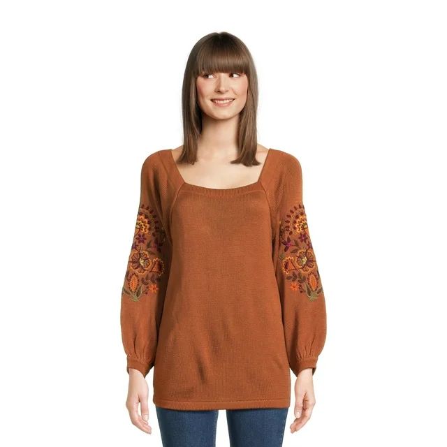 The Pioneer Woman Embroidered Square Neck Pullover Sweater with Puff Sleeves, Women's, Sizes XS-3... | Walmart (US)