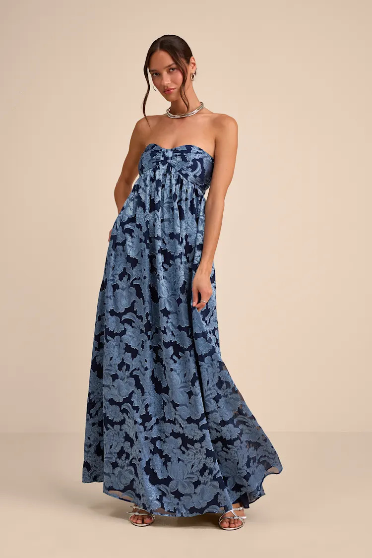 Danalia Navy Floral Burnout Strapless Maxi Dress | Anniversary outfit  | Lulus