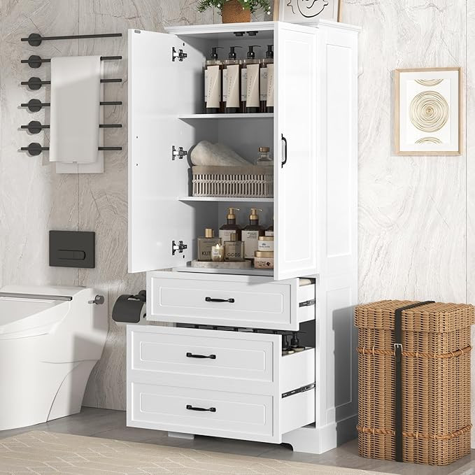 Tall Storage Cabinet, Bathroom Floor Freestanding Storage Cabinet with 2 Doors, Adjustable Shelf,... | Amazon (US)