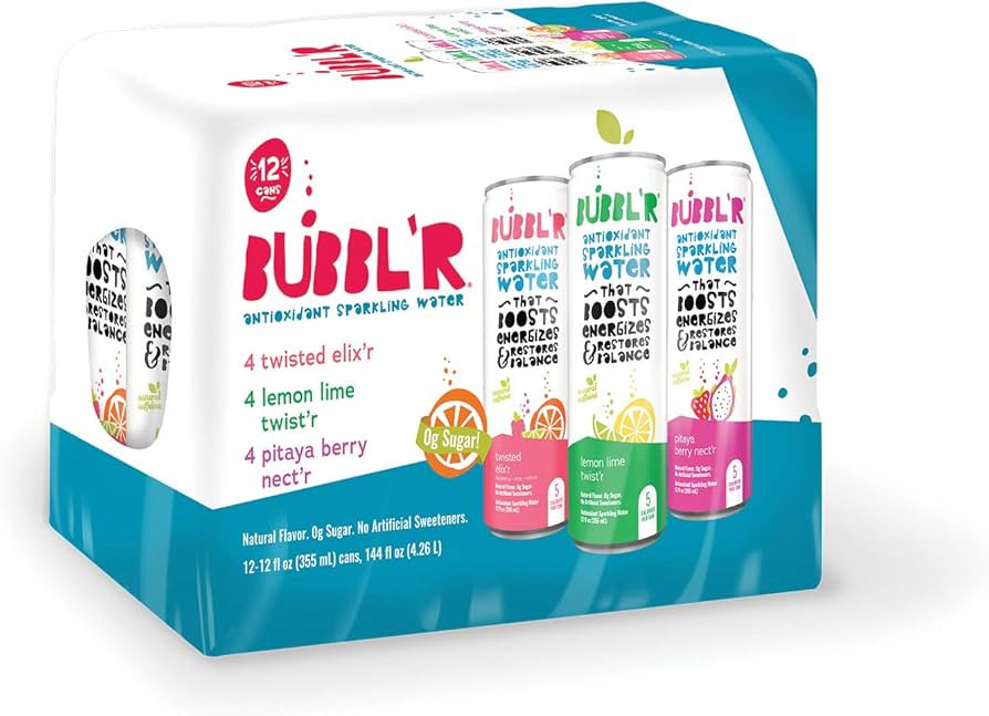 BUBBL'R Sparkling Water, 3 Flavors with Natural Caffeine, Antioxidants, 0 Sugar - 12 Fl Oz Cans, ... | Amazon (US)