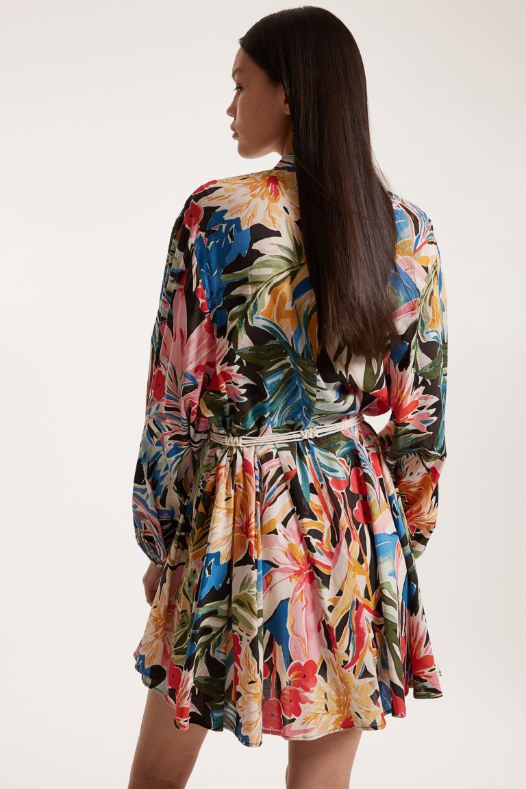 Dress with Macramé Belt - Black/floral - Ladies | H&M US | H&M (US + CA)